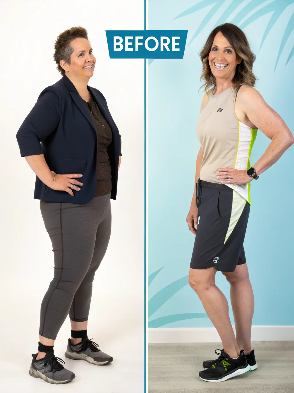 A before-and-after image of a client who has successfully completed Plureta's weight loss program, highlighting the transformative results.