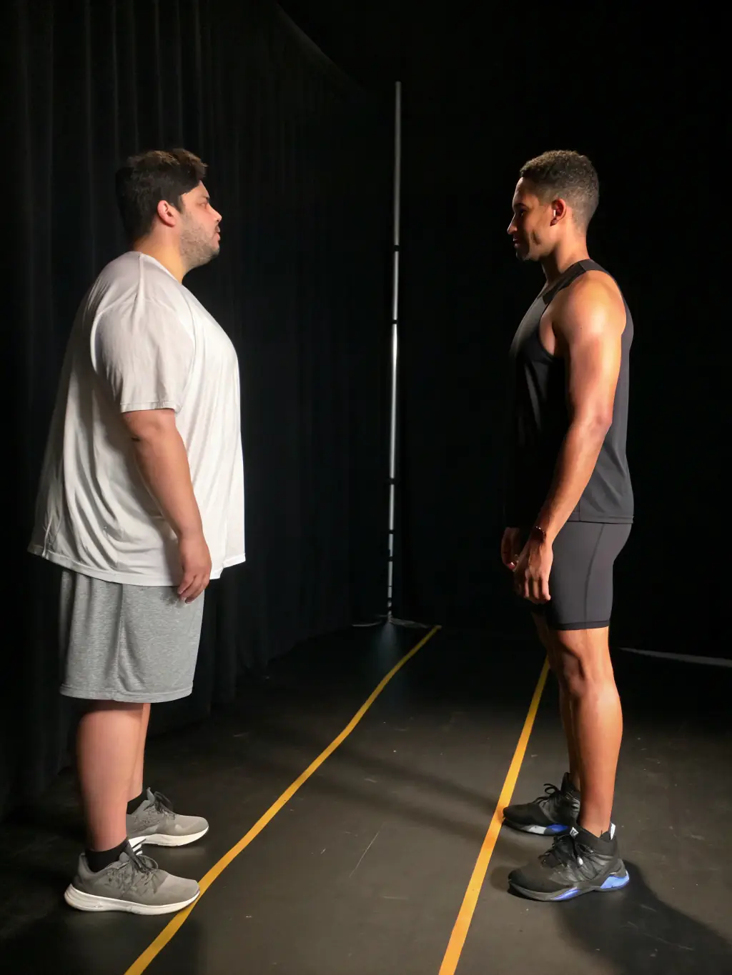 A before-and-after transformation photo of a satisfied client with a trainer.