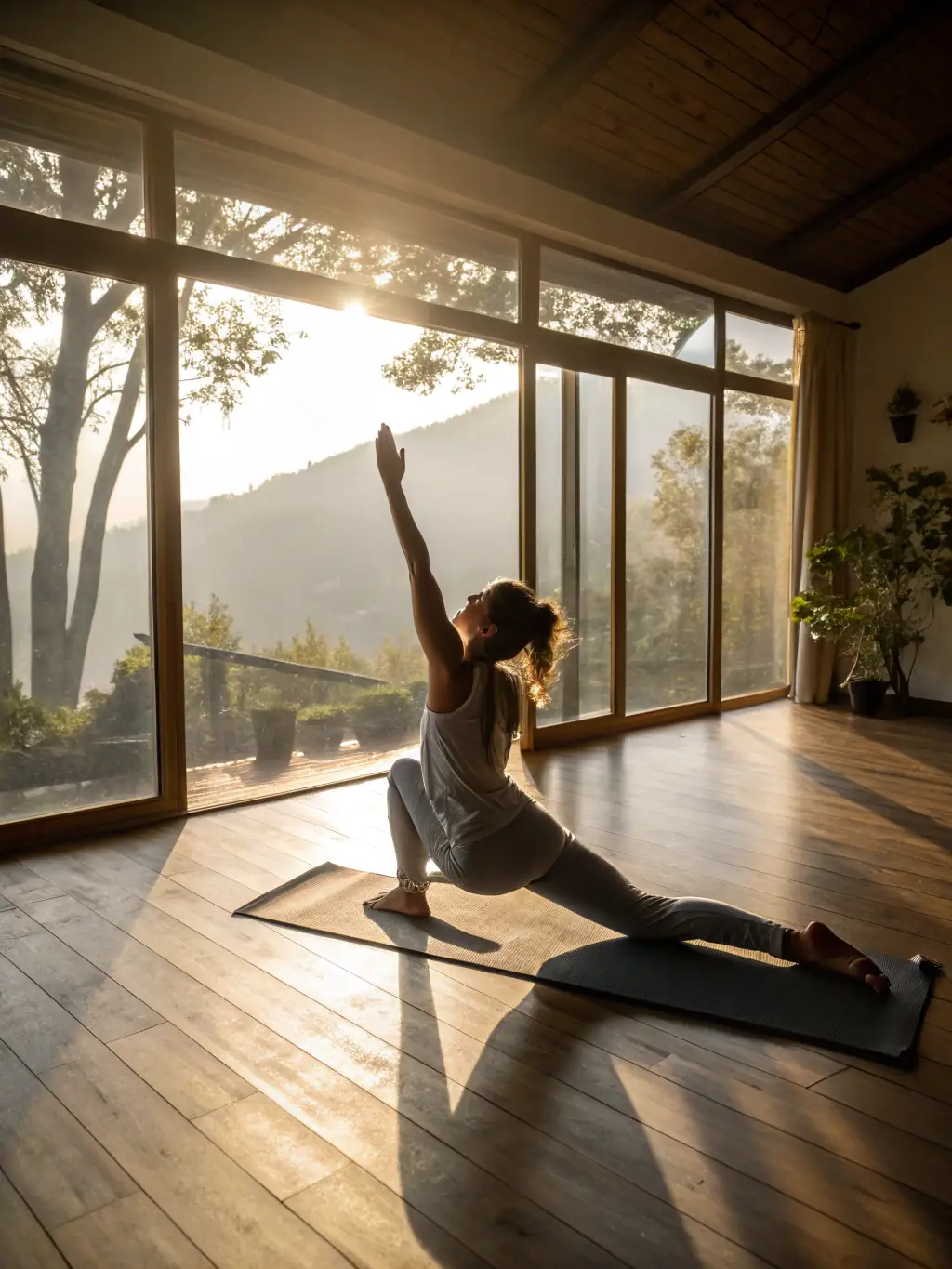 A peaceful yoga session in a serene studio setting with participants in a stretch pose.